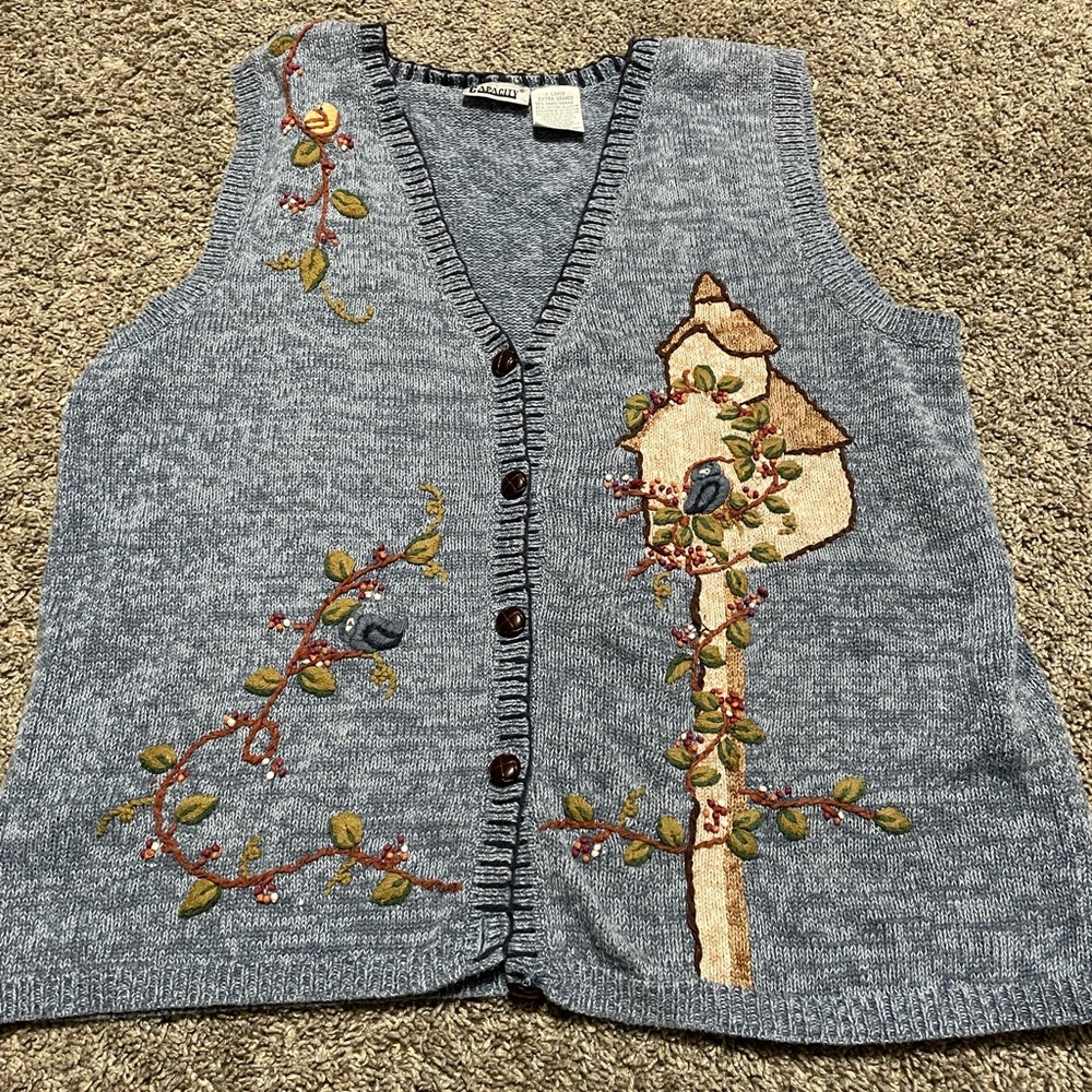 Vintage Sweater Vest Capacity Women's XL Bird Birdhouse Knit Blues Browns‎
